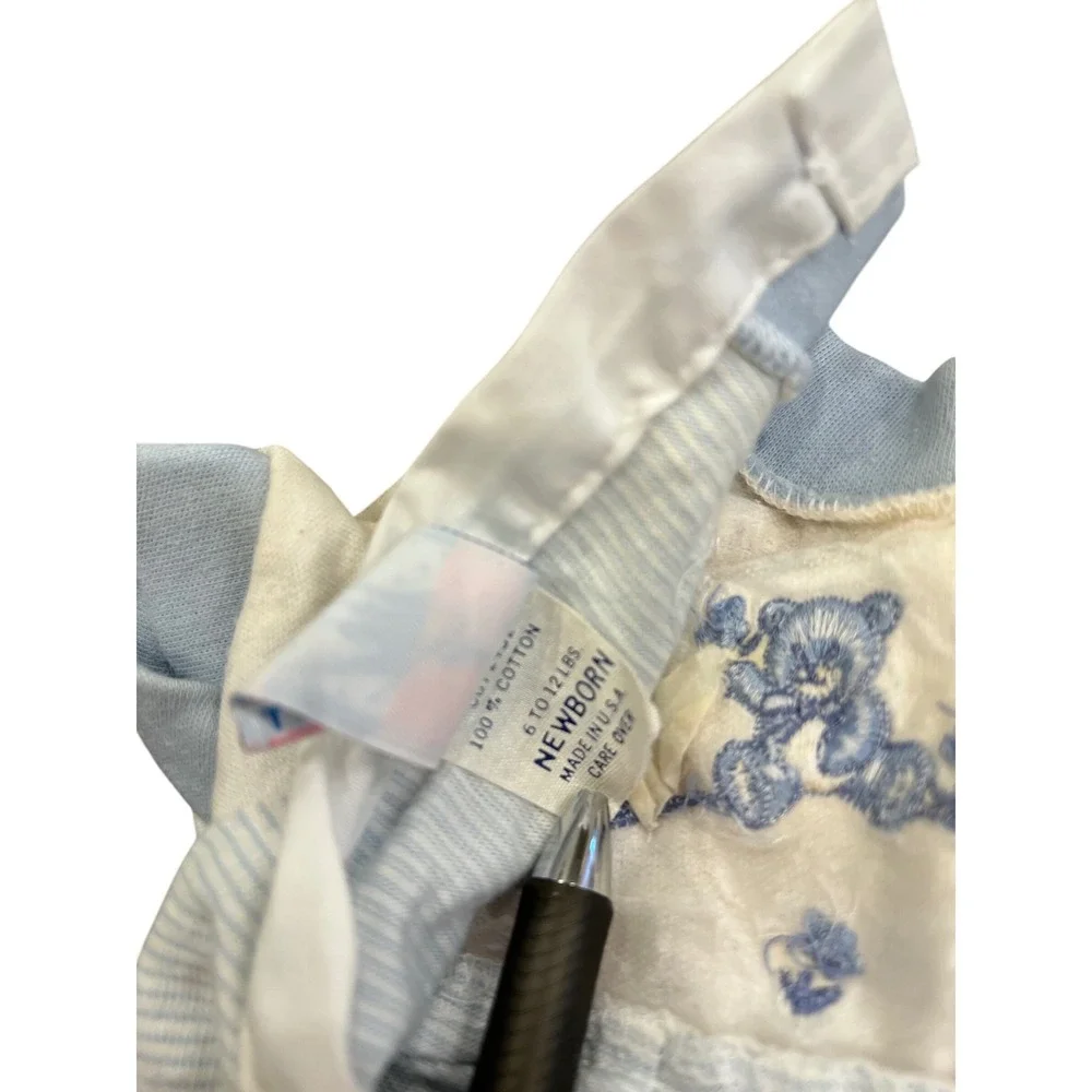 Vintage Toddle‎ Tyke Baby Romper Blue Bear Embroidered Striped Made USA Newborn